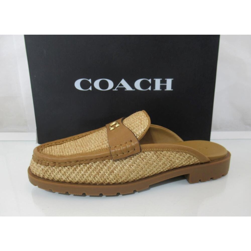 Women's Coach Jocelyn Straw Backless Loafer Sandal Mule Flats Natural - Picture 2 of 7